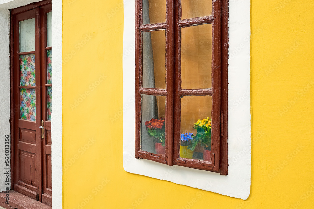 Obraz premium View of the old door and window. Beautiful flowers on the windowsill in the window.