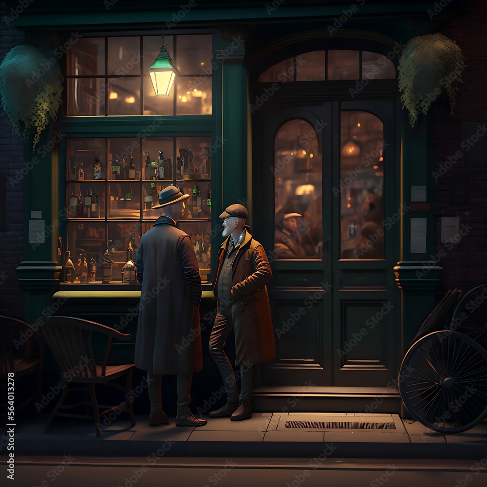 Two men discussing n front of an Irish pub Two men discussing n front of an Irish pub