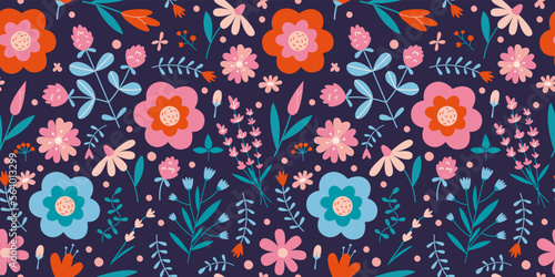Floral seamless pattern with cute wild flowers on a dark background, cartoon style. Trendy modern vector illustration, hand drawn, flat