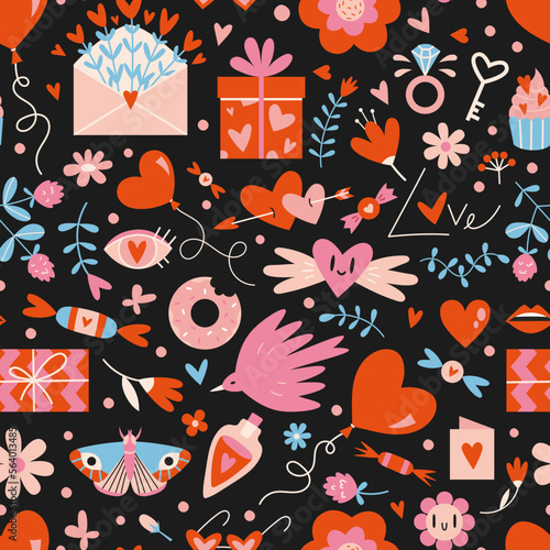 Saint Valentine's seamless pattern with cute romantic elements on a black background, cartoon style. Trendy modern vector illustration, hand drawn, flat