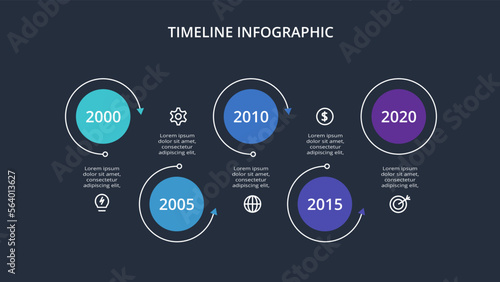 Timeline infographic with 5 elements template for web on a black background, business, presentation, vector illustration
