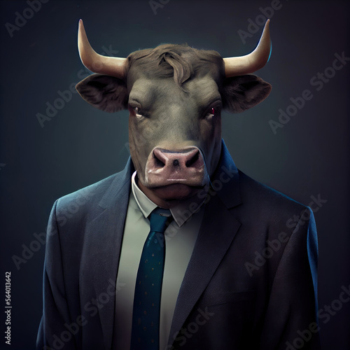 Bull-headed businessman. Anthropomorphic animal wearing elegant suit. Serious strong boss, manager in jacket and tie. Generative Ai