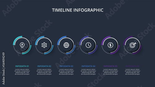 Timeline infographic with 6 elements template for web on a black background, business, presentation, vector illustration