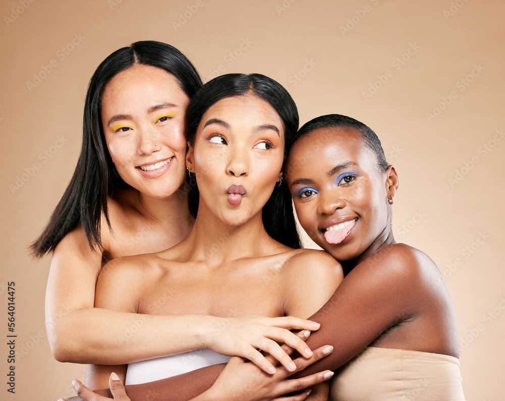 Beauty, makeup and happy portrait with women facial skincare wellness and cosmetics dermatology in brown background studio. Young model support, diversity and luxury spa treatment for glowing skin - obrazy, fototapety, plakaty 