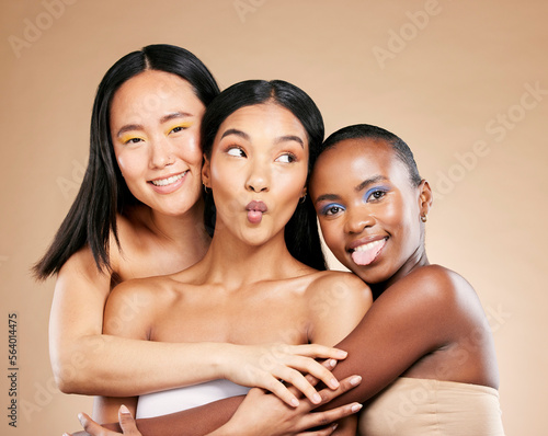 Beauty, makeup and happy portrait with women facial skincare wellness and cosmetics dermatology in brown background studio. Young model support, diversity and luxury spa treatment for glowing skin