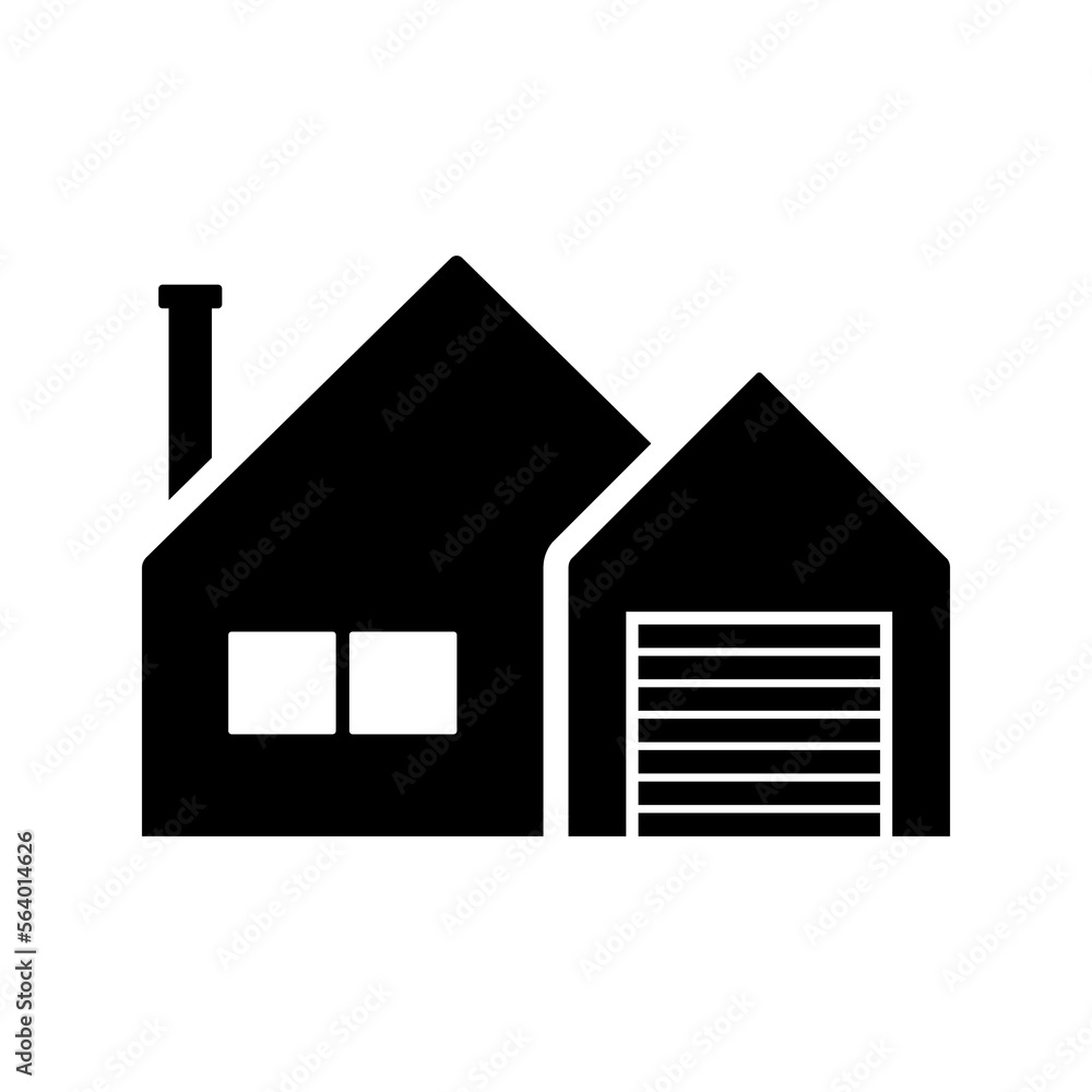 House with garage icon. Black silhouette. Front view. Vector simple flat graphic illustration. Isolated object on a white background. Isolate. House with garage icon. Black silhouette. Front view. Vector simple flat graphic illustration. Isolated object on a white background. Isolate.