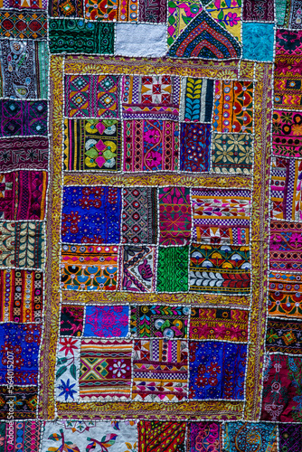 Detail patchwork carpet in India. Close up