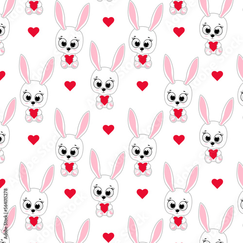 Seamless patern for Valentine s Day.Cute bunny with red heart. Design for greeting cards  love banner  decor