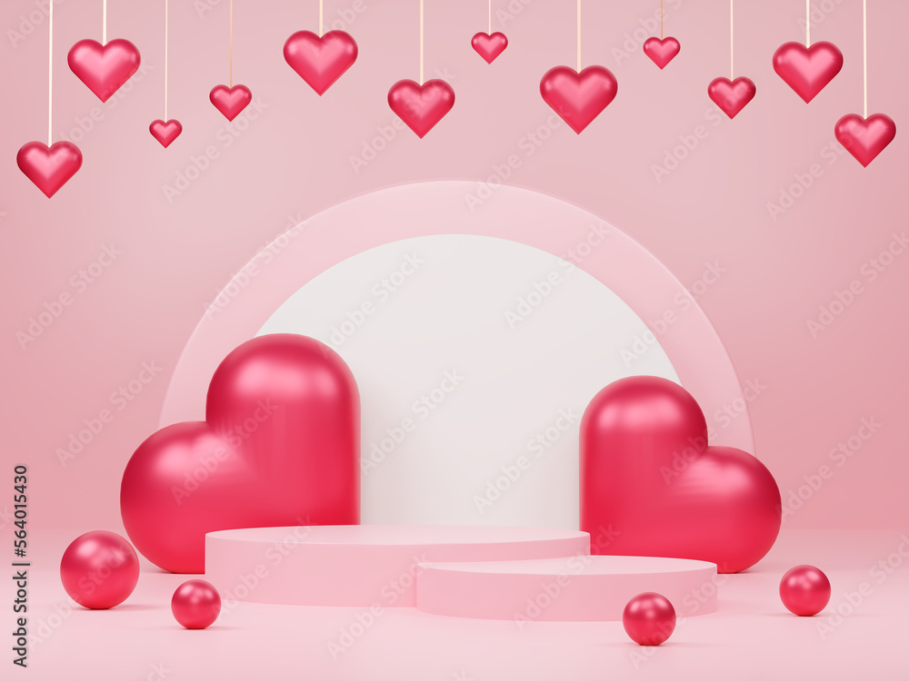Realistic pink 3d cylinder podium with red heart decoration,Valentine's Day.
Pedestal or platform for products. 3D illustration.