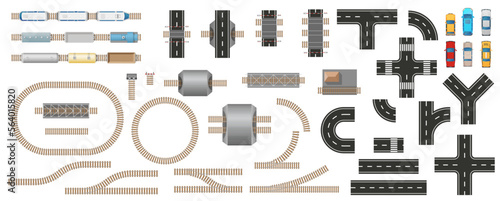 Set of railway and road elements, trains and cars for city map top view . Transport kit for design of town, country plan. Seamless constructor of City transport. Car, station, train, wagon, locomotive