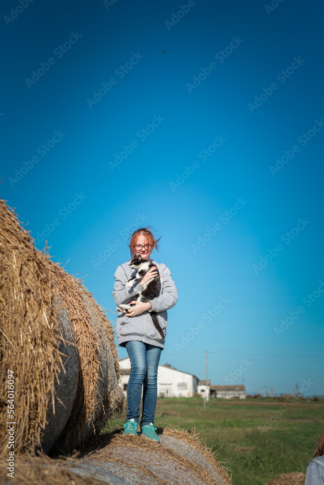 Young beautiful girl with a cat on straw bales. Young beautiful girl with a cat on straw bales.