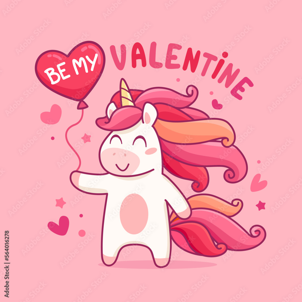 Be My Valentine cute greeting card template with Unicorn. Red Unicorn with Heart and lovely phrase in card for Valentine's Day and holiday greetings. Vector illustration Be My Valentine cute greeting card template with Unicorn. Red Unicorn with Heart and lovely phrase in card for Valentine's Day and holiday greetings. Vector illustration