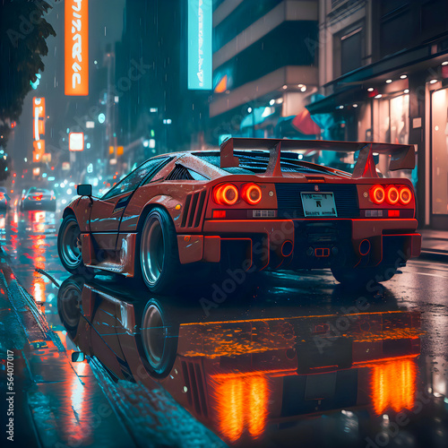 Classic sports car in Tokyo city streets illustration Generative AI photo