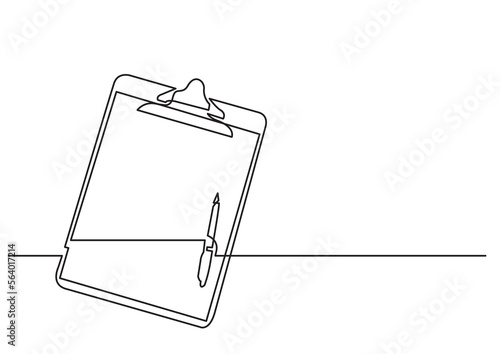 continuous line drawing vector illustration with FULLY EDITABLE STROKE of clipboard with pen