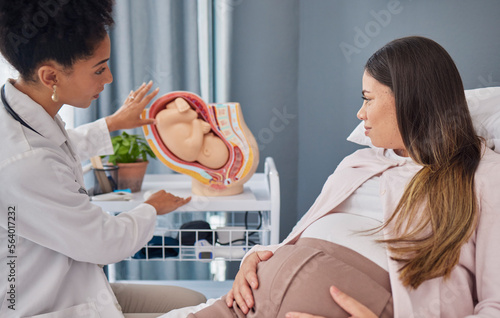 Canvas-taulu Pregnant, woman and doctor explanation with fetus in clinic for medical expertise and progress assessment