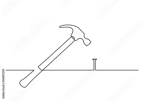 continuous line drawing vector illustration with FULLY EDITABLE STROKE of hammer and nail