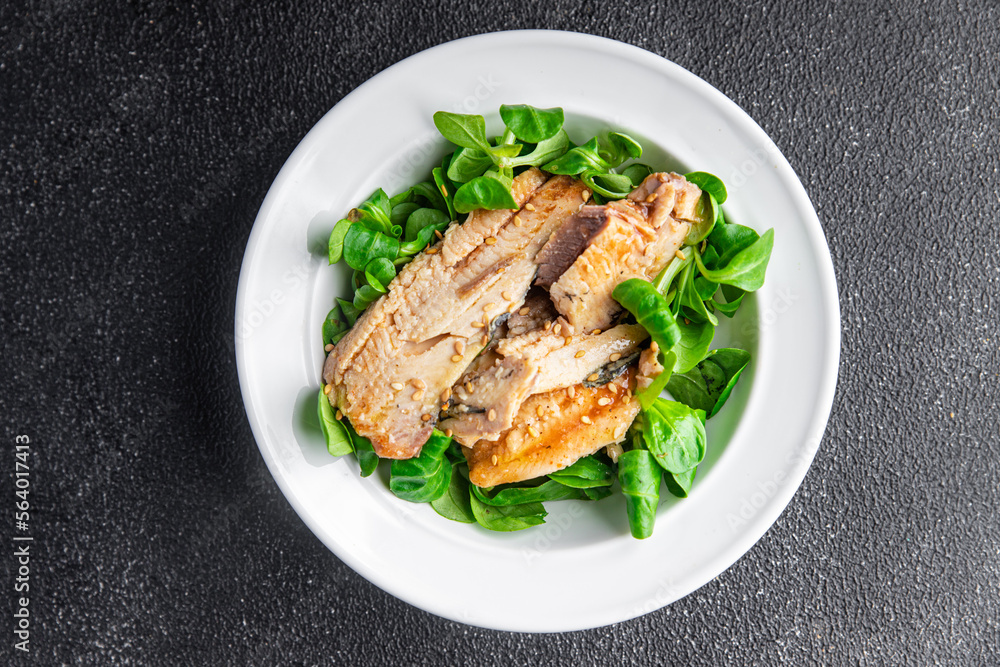 salad sardine green leaves, avocado, vegetable dish meal food snack on the table copy space food background rustic top view salad sardine green leaves, avocado, vegetable dish meal food snack on the table copy space food background rustic top view