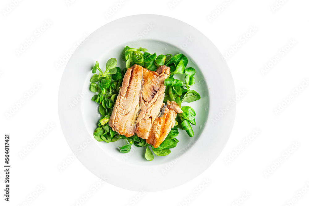 salad sardine green leaves, avocado, vegetable dish meal food snack on the table copy space food background rustic top view salad sardine green leaves, avocado, vegetable dish meal food snack on the table copy space food background rustic top view