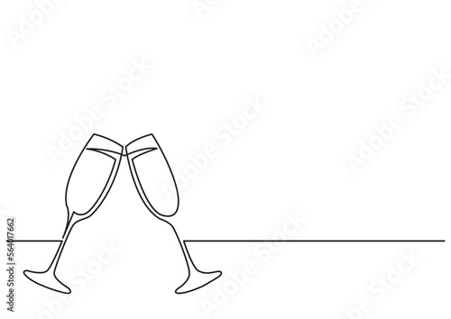 continuous line drawing vector illustration with FULLY EDITABLE STROKE of two glasses of champagne