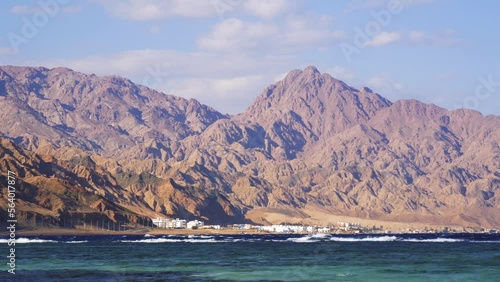 View Of The Red Sea Coast With Desert Rocky Mountains And A Small Town