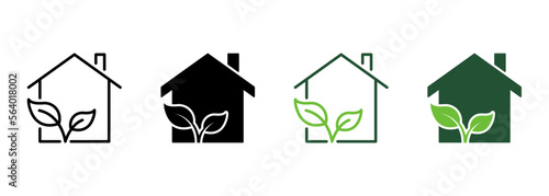 Eco Green House Line and Silhouette Icon Color Set. Ecology Real Estate Building with Leaf Pictogram. Bio Natural House Symbol Collection on White Background. Isolated Vector Illustration