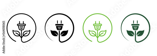 Electric Plug Green Energy Line and Silhouette Icon Color Set. Renewable Sustainable Technology. Eco Electricity Power with Leaf Symbol Collection on White Background. Isolated Vector Illustration