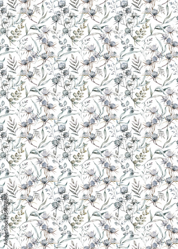 Black and white floral seamless pattern. Watercolor botanical texture © Anna Terleeva