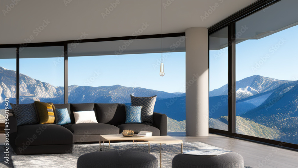 Fototapeta premium modern living room with view, postmodern, luxurious, Generative AI