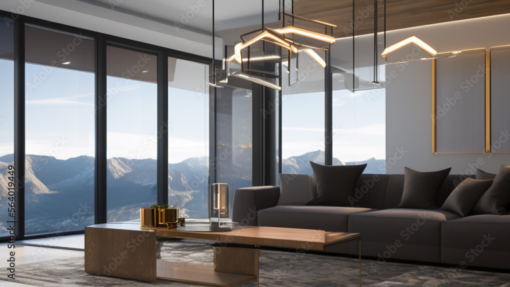 Fototapeta premium modern living room with view, postmodern, luxurious, Generative AI