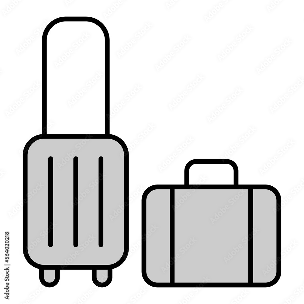 Trunk on wheels with a trolley and a suitcase for things, travel - icon, illustration on white background, grey style Trunk on wheels with a trolley and a suitcase for things, travel - icon, illustration on white background, grey style