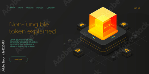 NFT abstract concept illustration in isometric design. Non-fungible token blockchain or marketplace. Cryptographic technology web banner layout.
