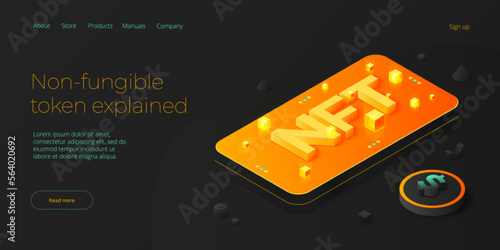 NFT abstract concept illustration in isometric design. Non-fungible token blockchain or marketplace. Cryptographic technology web banner layout.