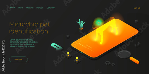 Pet microchip concept illustration in isometric vector design. Dog or animal tracking chip identification. Id implant scan technology web banner layout.