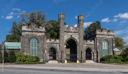 Green Mount Cemetery Gate in Baltimore, Maryland. Historic rural cemetery. Established on March 15, 1838, it is noted for the large number of historical figures. Cemetery Gate