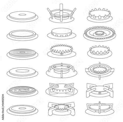 Gas burner vector outline icon set . Collection vector illustration stove flame on white background. Isolated outline icon set gas burner for web design.