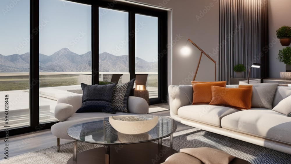 modern living room with view, postmodern, luxurious, Generative AI