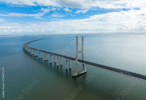 Vasco Da Gama Bridge in Lisbon, Portugal over the Tagus River. Drone Point of View © Mindaugas Dulinskas