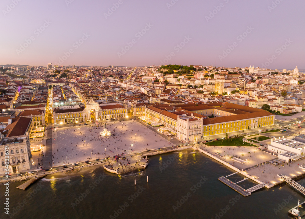 Fototapeta premium Commerce Square at night in Lisbon, Portugal. Palace Yard, Royal Palace of Ribeira. Drone Point of View