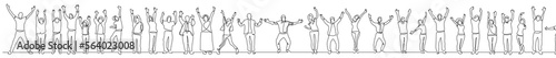 continuous line drawing vector illustration with FULLY EDITABLE STROKE of group of diverse happy people hands up