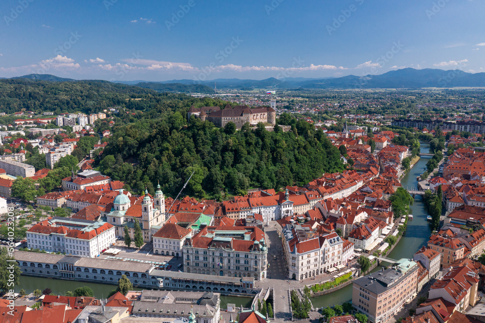 Ljubljana old town in Slovenia. Ljubljana is the largest city. It's known for its university population and green spaces, including expansive Tivoli Park. The curving Ljubljanica River