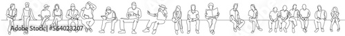 continuous line drawing vector illustration with FULLY EDITABLE STROKE of group of various diverse people sitting thinking talking