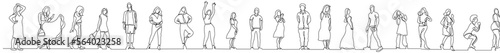 continuous line drawing vector illustration with FULLY EDITABLE STROKE of group of various happy diverse people standing in row