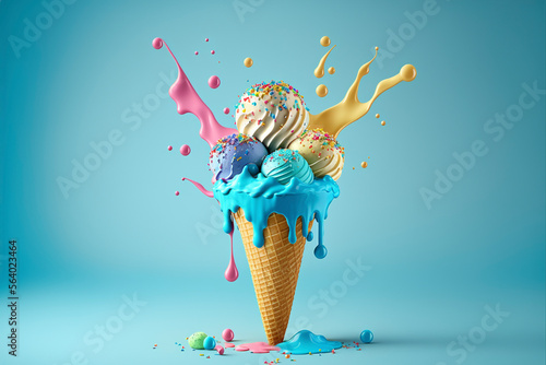 Leinwand Poster Melting ice cream cone. Created with generative Ai technology.
