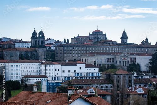 Catedral de Santiago viasta a distancia em dia de iverno e muita nevoa. Santiago da Compostela, Galicia Espanha. photo