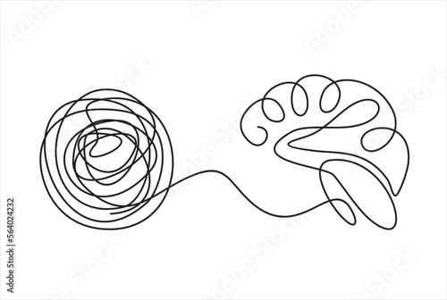 Chaos and brain, abstract minimalist concept vector illustration. Metaphor of disorganized difficult problem mess with single continuous tangle thread in need of unraveling, found solution.