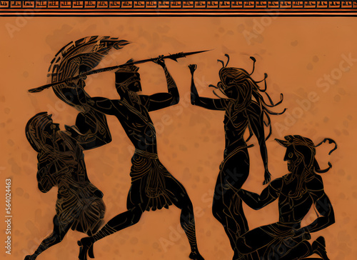 greek mythology character silhouettes of warrior fighting medusa on yellow background in ancient amphora painting style, generative ai