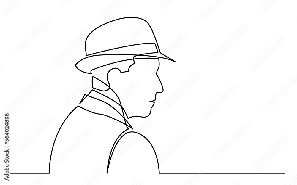 continuous line drawing vector illustration with FULLY EDITABLE STROKE of man in hat