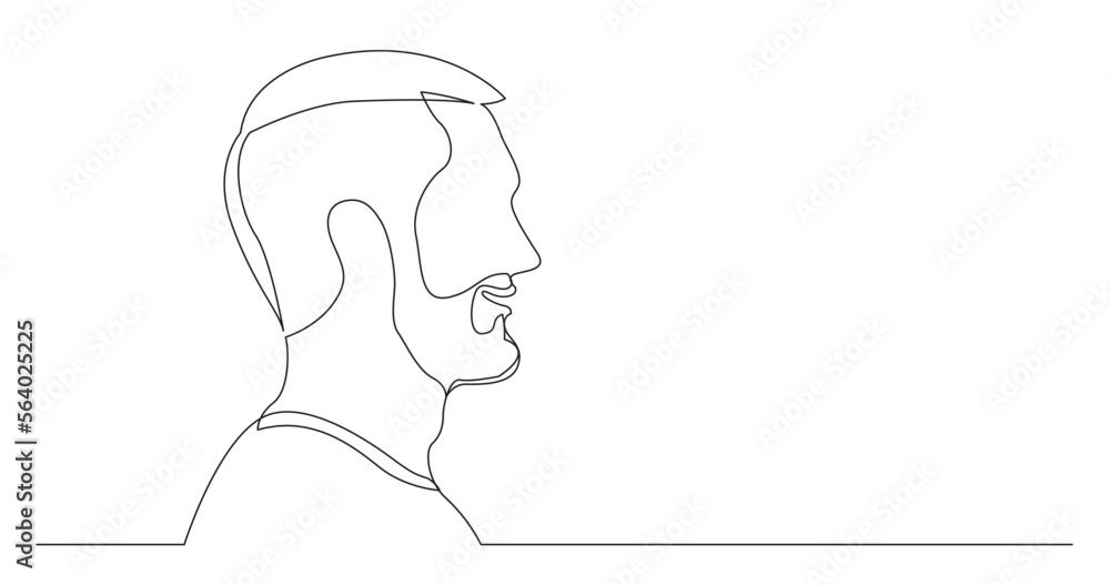 continuous line drawing vector illustration with FULLY EDITABLE STROKE of young talking bearded man