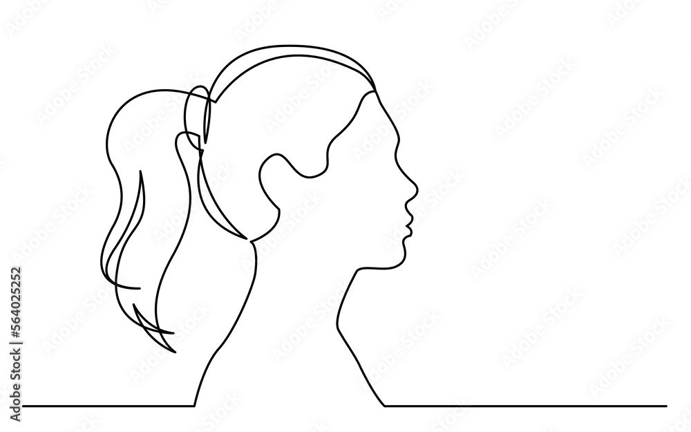 continuous line drawing vector illustration with FULLY EDITABLE STROKE of young woman with ponytail