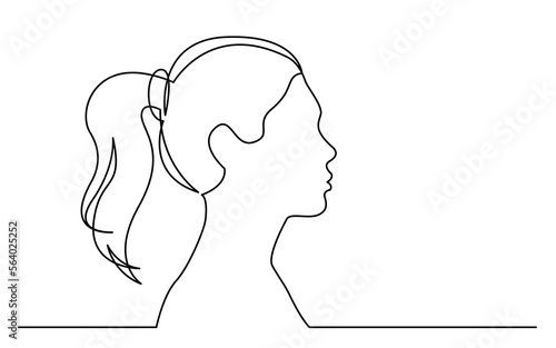continuous line drawing vector illustration with FULLY EDITABLE STROKE of young woman with ponytail